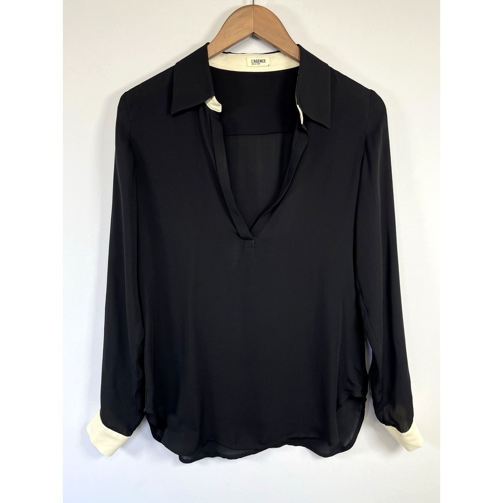 L'AGENCE Womens Silk V-Neck Pullover Blouse Size 0 Black Long Sleeve Minimalist
